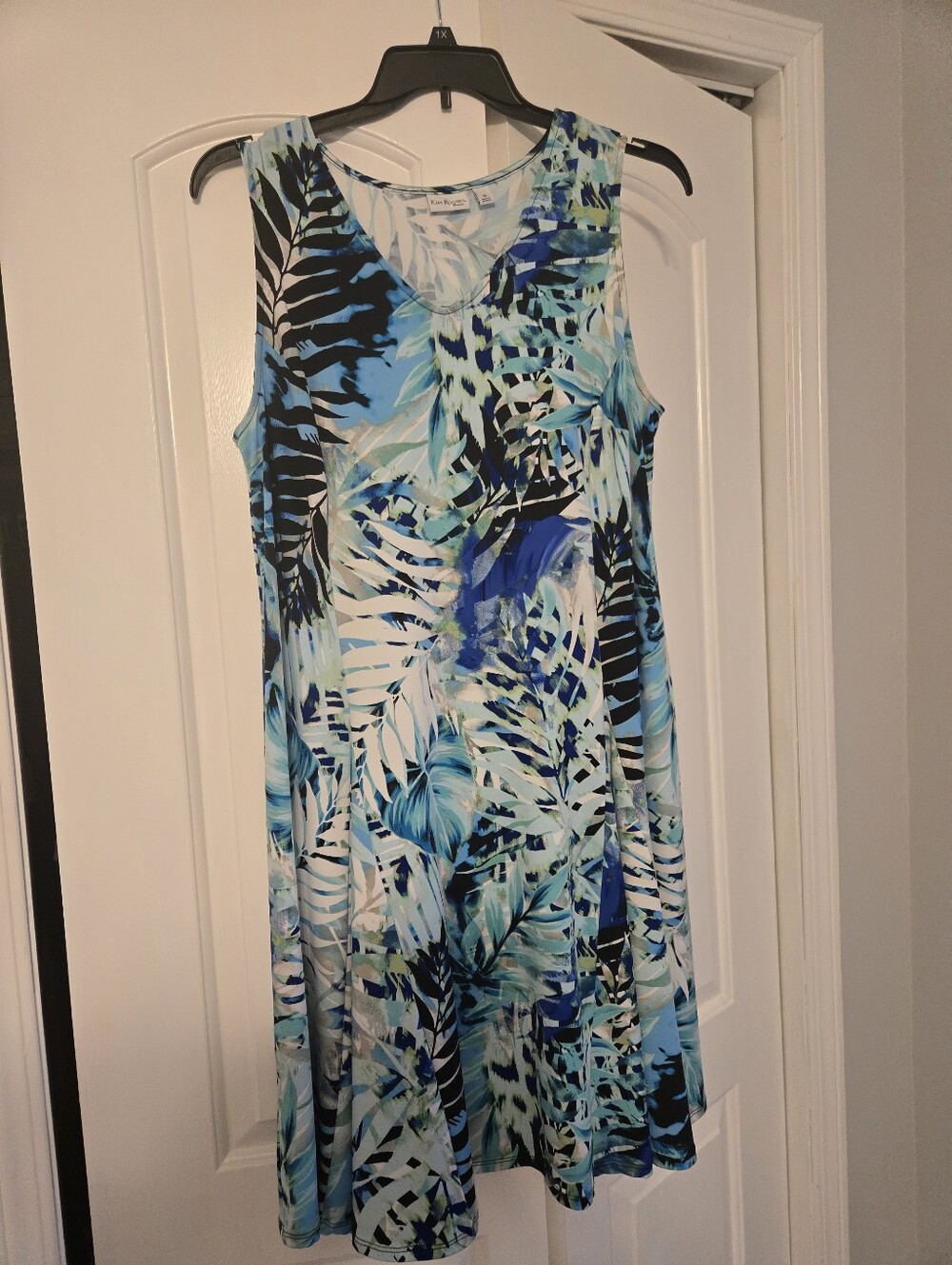 Tropical Blue Leaf Print Sleeveless Dress Kim Rogers